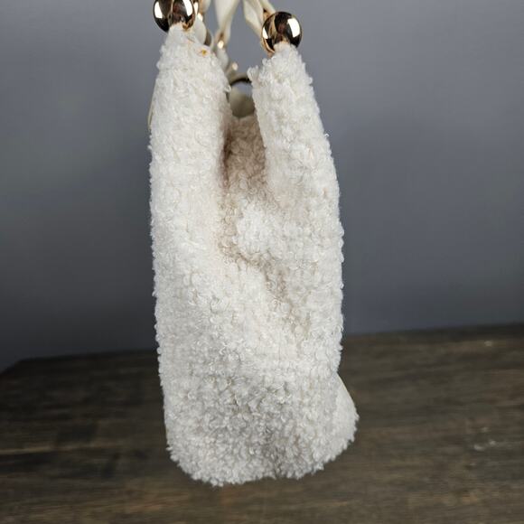 Lauren Conrad Ivory Sherpa Side Faux Leather Satchel Bag Gold Hardware Winter - Picture 3 of 9